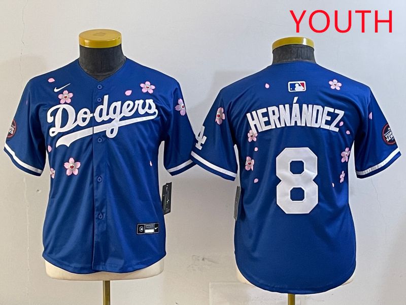 Youth Los Angeles Dodgers 8 Hernandez Blue Sakura Edition 2025 Nike MLB Jersey style 1